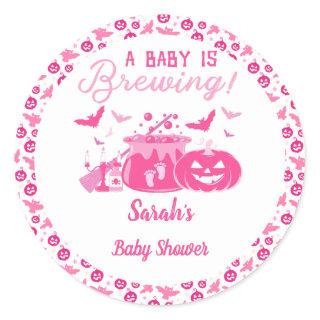 A Baby Girl Is Brewing Pink Halloween Baby Shower Classic Round Sticker