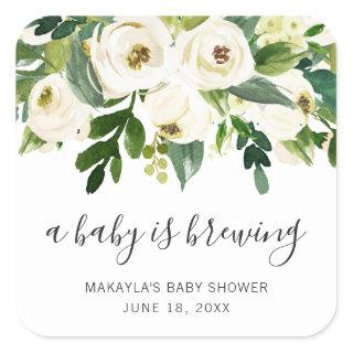A Baby Is Brewing Elegant Floral Girl Baby Shower Square Sticker