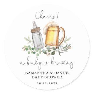 A baby is brewing | Greenery Beer Baby Shower Clas Classic Round Sticker