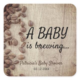 A Baby Is Brewing Rustic Wood  Coffee Baby Shower Square Sticker