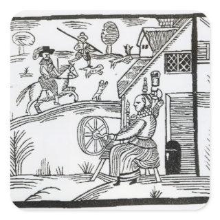 A Country Scene with a woman spinning Square Sticker