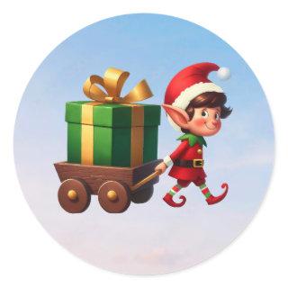 A cute Christmas Elf pulling a wagon with a gift Classic Round Sticker