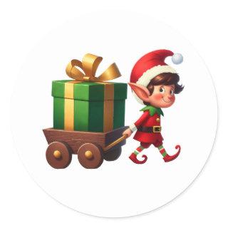 A cute Christmas Elf pulling a wagon with a gift Classic Round Sticker