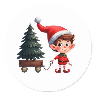 A cute Christmas Elf pulling a wagon with a tree Classic Round Sticker