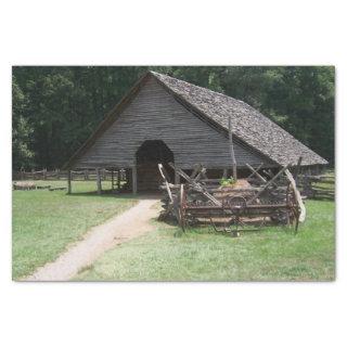 A-Frame Wood and Stone Barn with Large Wagon Tissue Paper