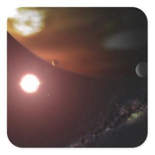 A gas giant planet orbiting a red dwarf star square sticker