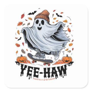 A ghost skateboarding through a flurry of autumn l square sticker