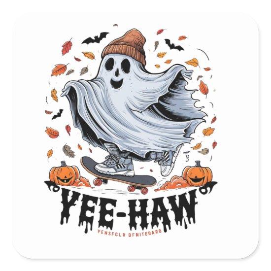 A ghost skateboarding through a flurry of autumn l square sticker