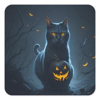 A Halloween cat with a glowing jackolantern Square Sticker