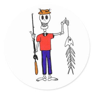 A Happy Skeleton Fisherman with a Skeleton Fish Classic Round Sticker