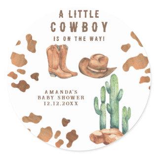 A Little Cowboy is on the way Baby Shower  Classic Round Sticker