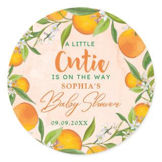 A Little Cutie Is On The Way Orange Baby Shower Classic Round Sticker