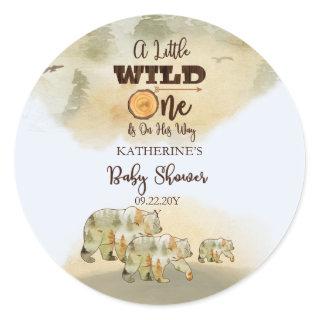 A Little Wild One Bears Woodland Baby Shower Classic Round Sticker