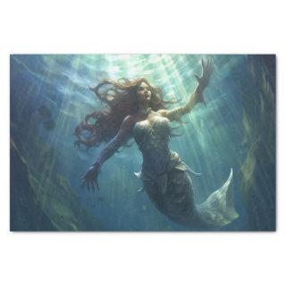 A mermaid in a sunlit tunnel swimming upward tissue paper
