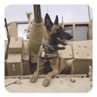 A military working dog sits on a M2A3 Square Sticker