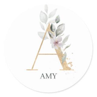 A Monogram Floral Classic Round Sticker