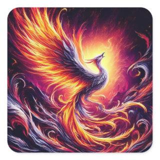 A phoenix rising from fiery ashes. square sticker