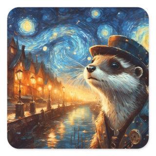 A Steampunk Otter in The Starry Night Square Sticker