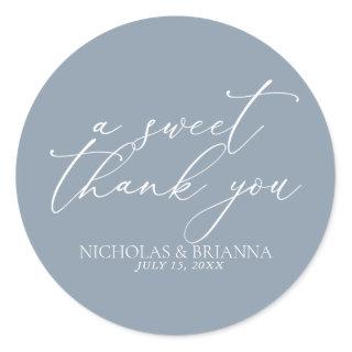 A Sweet Thank You Dusty Blue Minimalist Wedding Classic Round Sticker