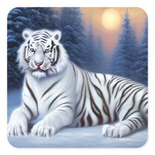 A White Tiger Sitting in the Snow  Square Sticker
