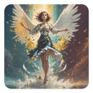 a woman with wings rising up in the air square sticker