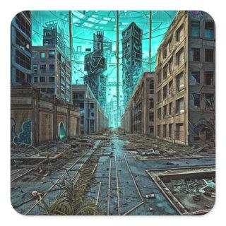 Abandoned City Dystopian AI Generated Artwork Square Sticker
