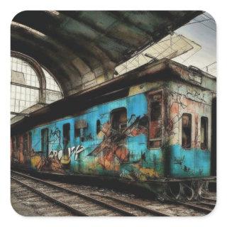 Abandoned Train with Graffiti Urban Street Art Square Sticker
