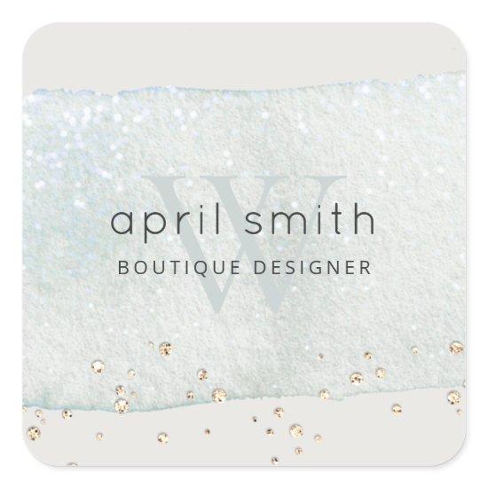 Abstract Aqua Blue Brush Stoke Monogram Glitter Square Sticker