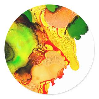 Abstract art alcohol ink yellow green classic round sticker