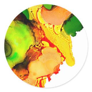 Abstract art alcohol ink yellow green classic round sticker