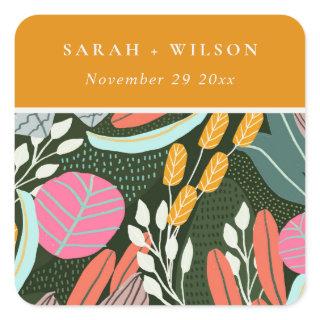 Abstract Bold Colorful Tropical Botanical Wedding Square Sticker