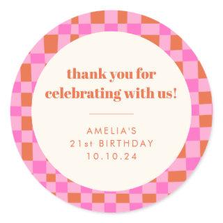 Abstract Checker Pink Custom 21st Birthday Thanks Classic Round Sticker