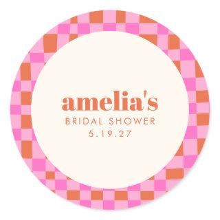 Abstract Checker Pink Orange Custom Bridal Shower Classic Round Sticker