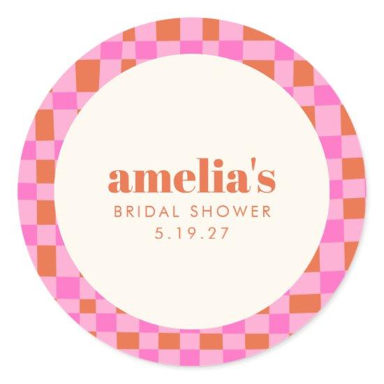 Abstract Checker Pink Orange Custom Bridal Shower Classic Round Sticker