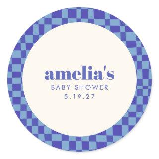Abstract Checkerboard Blue Custom Baby Shower Classic Round Sticker
