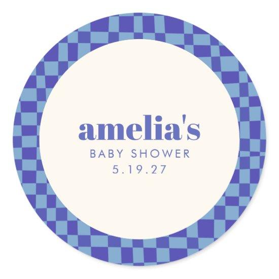 Abstract Checkerboard Blue Custom Baby Shower Classic Round Sticker