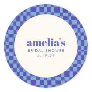 Abstract Checkerboard Blue Custom Bridal Shower Classic Round Sticker