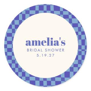 Abstract Checkerboard Blue Custom Bridal Shower Classic Round Sticker