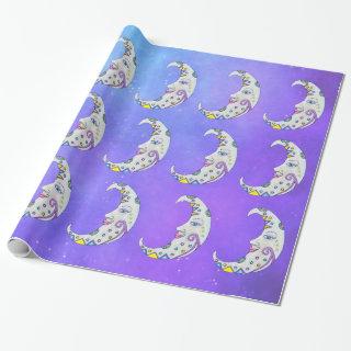 Abstract Colorful Crescent Moons Faces Stars Sky