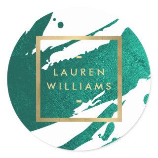 Abstract Emerald Green Brushstrokes Classic Round Sticker