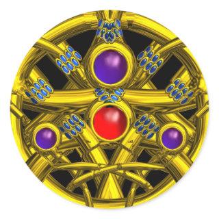 ABSTRACT GOLD CELTIC KNOTS WITH COLORFUL GEMSTONES CLASSIC ROUND STICKER