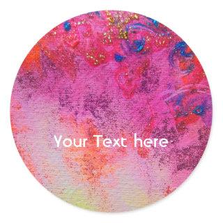 ABSTRACT GOLD SWIRLS ,PINK FUCHSIA RED BLUE FLORAL CLASSIC ROUND STICKER