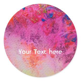 ABSTRACT GOLD SWIRLS ,PINK FUCHSIA RED BLUE FLORAL CLASSIC ROUND STICKER