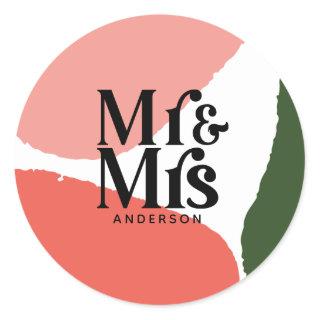 Abstract graphic Mr & Mrs wedding thank you Classic Round Sticker