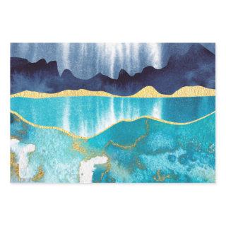 Abstract Modern Landscape Painting Blue And Gold  Sheets