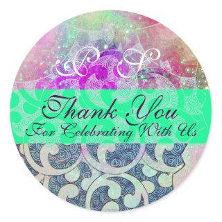 ABSTRACT PURPLE TEAL BLUE GREEN WAVES -THANK YOU CLASSIC ROUND STICKER