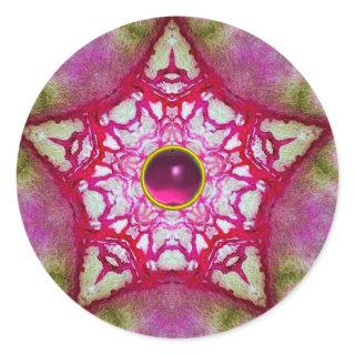 ABSTRACT RED PINK STAR WITH FUCHSIA AMETHYST GEM CLASSIC ROUND STICKER