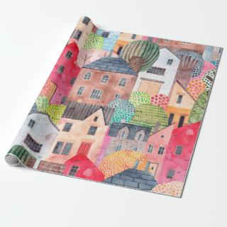 Abstract seamless pattern with houses. Watercolor