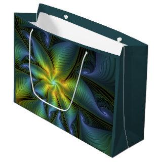 Abstract Star, Shiny Blue Green Golden Fractal Art Large Gift Bag