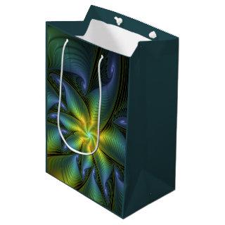 Abstract Star, Shiny Blue Green Golden Fractal Art Medium Gift Bag